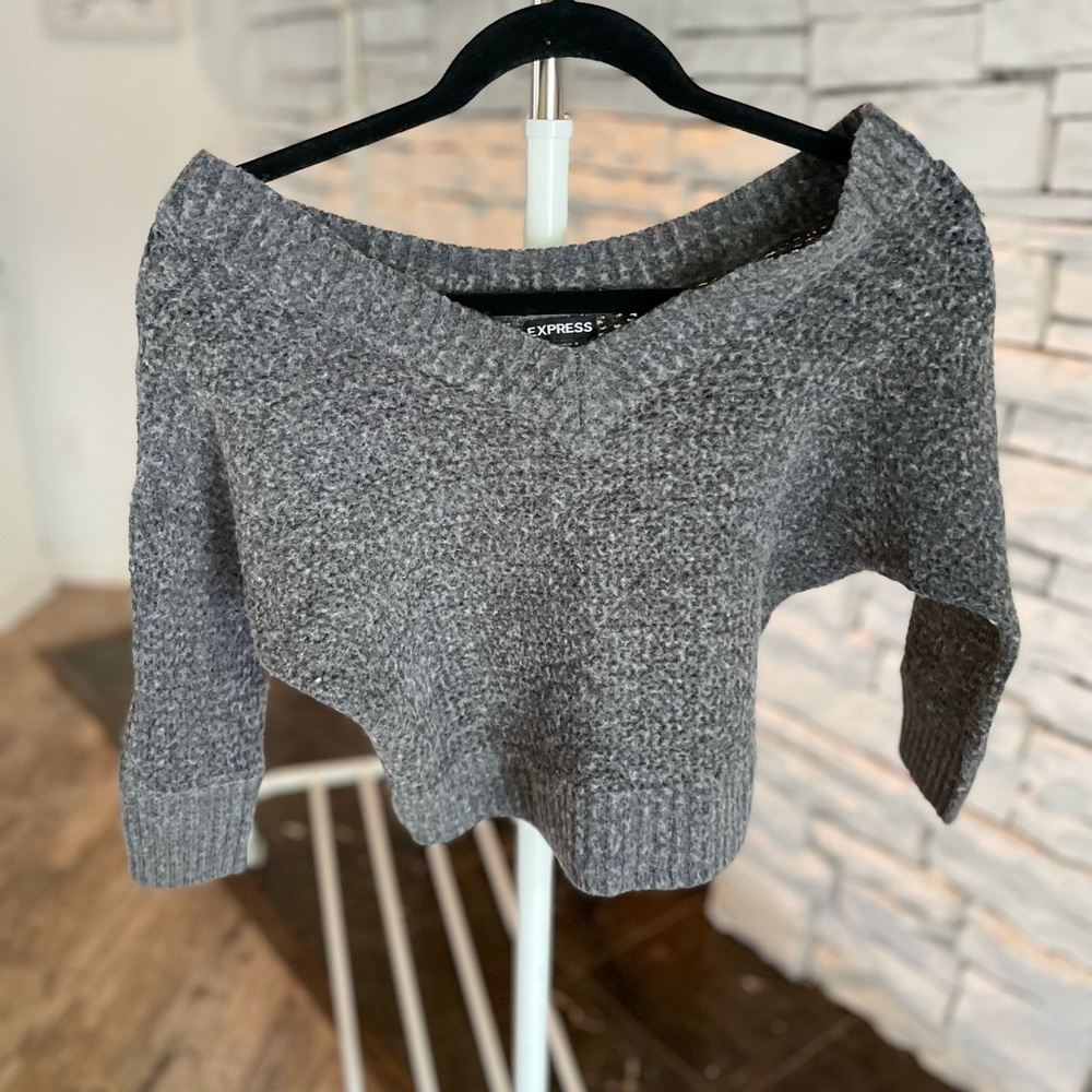 Express. Off the shoulder, gray crop sweater.